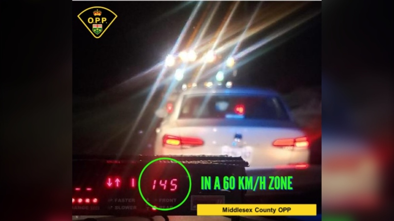 Middlesex County OPP stopped a 20-year-old driver from London, Ont. on Feb. 7, 2022 for allegedly stunt driving in Middlesex Centre. (Source: OPP West Region/Twitter) 