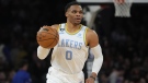 Los Angeles Lakers' Russell Westbrook brings the ball up the court during an NBA game against the New York Knicks, Jan. 31, 2023, in New York. (AP Photo/Frank Franklin II)