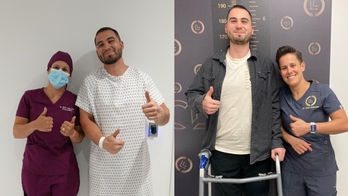 Julien Pregent pictured alongside Dr. Marie Gdalevitch, before and after undergoing limb-lengthening surgery. The radical procedure gave him 3 new inches of height. (W5)