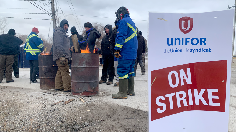 Union members are on strike outside the Windsor Salt mine in Windsor, Ont. on Feb. 17, 2023. (Bob Bellacicco/CTV News Windsor) 