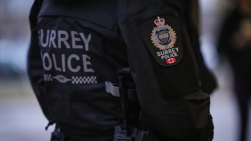 A Surrey police department logo is seen on an officer's jacket in Surrey, B.C., on Monday, Oct. 31, 2022. (THE CANADIAN PRESS/Darryl Dyck)