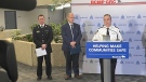 With violent crime rising in Manitoba, Winnipeg police Chief Danny Smyth (right), Manitoba RCMP Supt. Scott McMurchy (left) and Justice Minister Kelvin Goertzen (centre) announce on Feb. 21, 2023, that the province will spend $1.4 million to hire 10 additional prosecutors to deal with organized crime. (Source: Michelle Gerwing/CTV News Winnipeg)