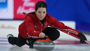 Team Canada skip Kerri Einarson delivers a rock while playing Saskatchewan at the Scotties Tournament of Hearts, in Kamloops, B.C., on Tuesday, February 21, 2023. THE CANADIAN PRESS/Darryl Dyck