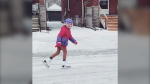Charlotte Ross, 6, is seen skating on her southern Ontario street following an ice storm. Feb. 23, 2023. (Source: Kat Ross)