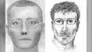 Paulette Taillefer's description formed the basis of the initial sketch released by police, left, and the couple from Laurentian University's descriptions form the basis for another police sketch, right. Robert Steven Wright confirmed Monday he was the person the sketches were based upon. (Composite Image by Dan Bertrand/CTV News Northern Ontario; source images supplied)