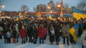 Hundreds of Winnipeggers gathered at the Canadian Museum of Human Rights to show support for Ukraine on the one-year anniversary of the Russian invasion. Feb. 24, 2023. (Source: Glenn Pismenny/CTV News)