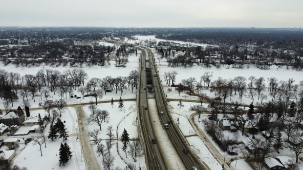 The St. Vital Bridge is seen on Feb. 27, 2023. A major construction project to resurface the bridge started on March 1, 2023, and the price tag for the construction is increasing to approximately $49 million. (Image source: Jamie Dowsett/CTV News Winnipeg)