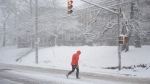 A pedestrian crosses a street in Halifax during a winter storm on Friday, January 20, 2023. THE CANADIAN PRESS/Darren Calabrese 