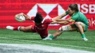 Canada's Fancy Bermudez, left, scores her second try past Ireland's Beibhinn Parsons during HSBC Canada Sevens women's rugby action, in Vancouver, B.C., Sunday, March 5, 2023. THE CANADIAN PRESS/Darryl Dyck