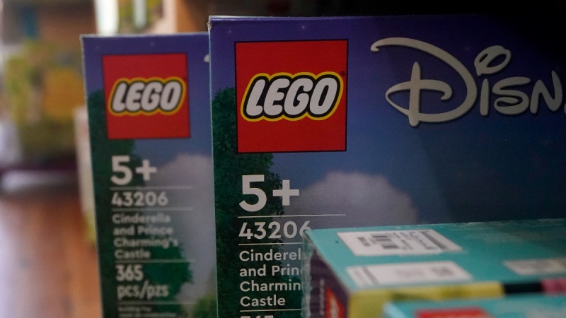 Lego toys are shown on a shelf at a Five Little Monkeys store in Berkeley, Calif., Dec. 12, 2022. (AP Photo/Jeff Chiu)