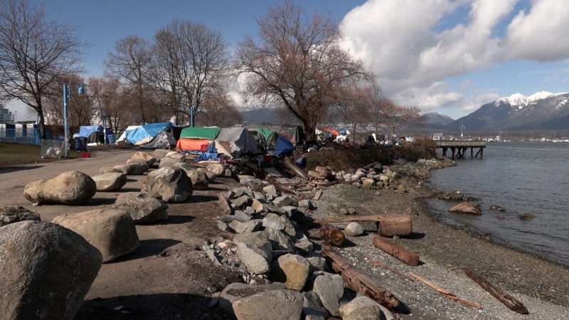 The tent city at CRAB Park in Vancouver is seen in March 2023. (CTV)