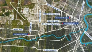 The locations of three shootings that took place over a 48-hour period in Winnipeg.