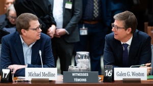 Michael Medline, President and CEO of Empire Company Limited, right, and Galen G. Weston, Chairman and President of Loblaw Companies Limited wait to appear as witnesses at the Standing Committee on Agriculture and Agri-Food (AGRI) investigating food price inflation in Ottawa, Wednesday, March 8, 2023. THE CANADIAN PRESS/Spencer Colby 