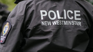A photo shows the back of a New Westminster police officer's jacket. (Twitter, New Westminster Police Department)
