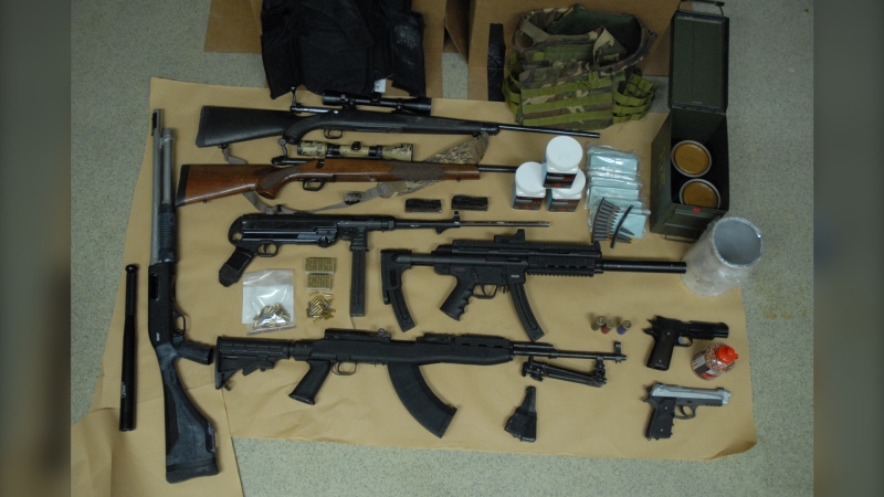 Mounties say they entered a home in The Pas while investigating a report of an assault in progress only to find a number of unsecured firearms strewn about. (Source: Manitoba RCMP)