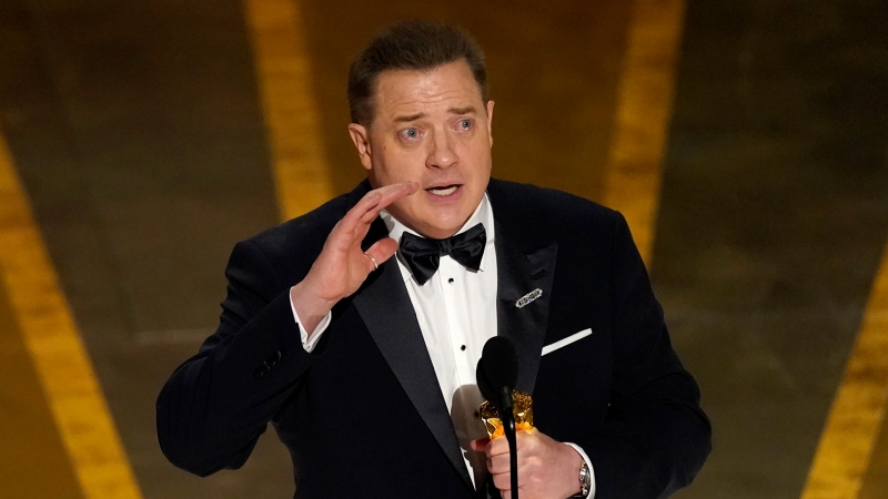 Brendan Fraser accepts the award for best performance by an actor in a leading role for "The Whale" at the Oscars, March 12, 2023, at the Dolby Theatre in Los Angeles. THE CANADIAN PRESS/AP-Chris Pizzello