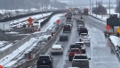Traffic delays caused by an unexpected lane reduction along Highway 174 west near Jeanne D’Arc Boulevard in Ottawa, Ont. Mar. 13, 2023. (Tyler Fleming / CTV News)