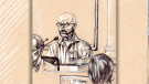 Sketch of Robert Steven Wright on witness stand as he is cross-examined by the Crown attorney during his murder trial in a Sudbury courtroom March 14. Wright's second-degree murder trial was delayed again Monday due to COVID-19. (Sudbury artist Tarun Godara) 