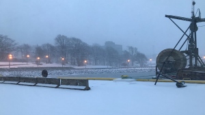 Snowy conditions are seen along the waterfront in Sydney, N.S., on March 15, 2023. (Ryan MacDonald/CTV Atlantic)