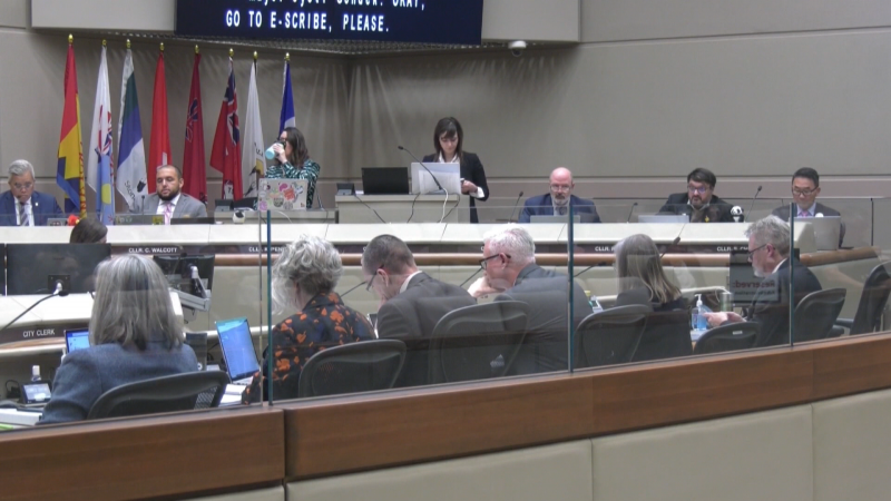 Calgary city council members ahead of the March 14 passing of a bylaw that will create a buffer zone prevent protests at city facilities.