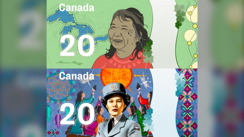 A new campaign called Change the Bill is seeking to get the next $20 bill to feature an Indigenous woman. As part of the campaign, Indigenous artists have reimagined the $20 bill. Pictured, top to bottom are "Josephine Mandamin" by Adrienne Assinewai and "Margaret Pictou" by Tracey Metallic (Native Women's Association of Canada)