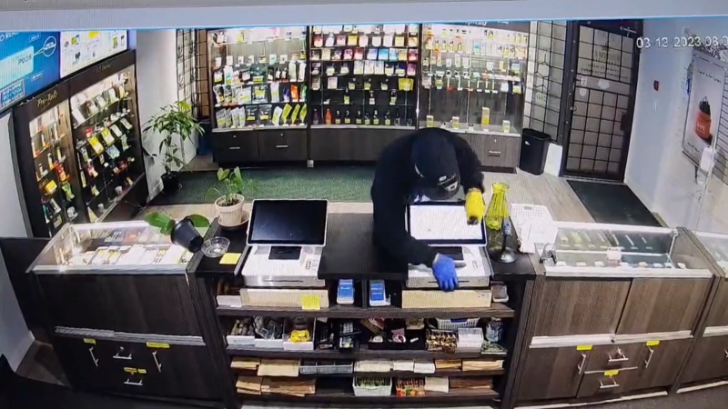 Security video from Kingsway Cannabis shows a man who attempted to rob staff with what appears to be a gun on March 13, 2023. (Twitter)