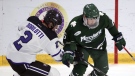Holy Cross's Jack Robilotti defends Mercyhurst's Carson Briere during the first half of an NCAA hockey game, Nov. 12, 2021, in Worcester, Mass. (AP Photo/Stew Milne)