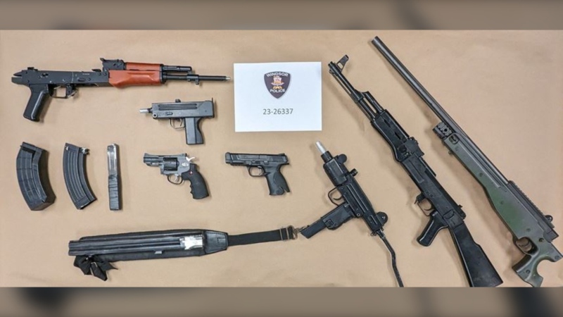 Officers recovered nine replica firearms, including an AK-47, .357 Revolver, .45 Smith & Wesson M&P, and two Uzi-style bolt action rifles. (Source: Windsor police)