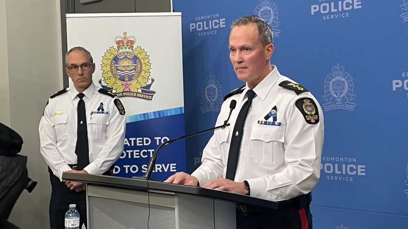 Supt. Shane Perka (left) and Deputy Chief Devin Laforce at a press conference on March 17, 2023. (Sean McClune/CTV News Edmonton)