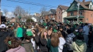 People pack the University District in Kingston, Ont. for St. Patrick's Day parties. March 18, 2023. (Kimberley Johnson/CTV News Ottawa)