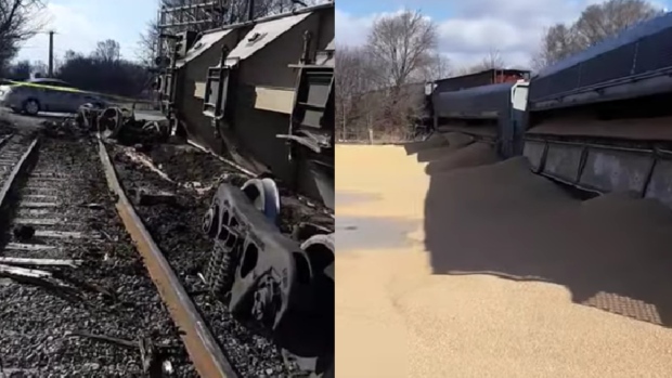A train derailment in Port Colborne, Ont. on March 18, 2023 (Normdiscovers7858/YouTube)
