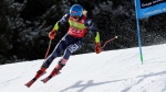 United States' Mikaela Shiffrin competes in an alpine ski, women's World Cup giant slalom race, in Soldeu, Andorra, on March 19, 2023. (AP Photo/Alessandro Trovati)