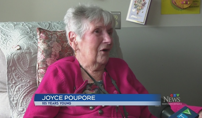 105-year-old Joyce Poupore talking with CTV News in Blind River on March 18/23. (Cory Nordstrom/CTV News Northern Ontario)