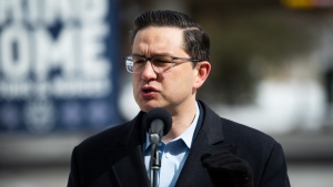 Conservative Party Leader Pierre Poilievre speaks during a press conference at the Ottawa Children’s Treatment Centre wing of the Children's Hospital of Eastern Ontario in Ottawa, on Sunday, March 19, 2023. THE CANADIAN PRESS/Spencer Colby