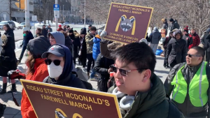 The Rideau Street McDonald's Farewell March on March 19, 2023, to bid farewell to the notorious Ottawa restaurant set to close in April. (Jackie Perez/CTV News Ottawa)