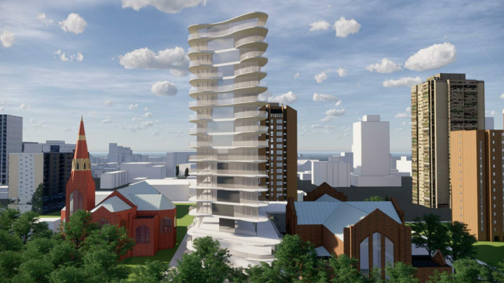 An early rendering of the proposed 112-unit apartment tower Meridian Development is planning on Spadina Crescent. (Courtesy: City of Saskatoon)