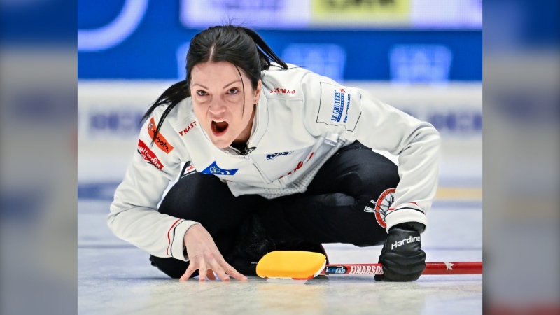 Canada's Skip Kerri Einarson in action during the match between USA and Canada during the round robin session 3 of the LGT World Women's Curling Championship at Goransson Arena in Sandviken, Sweden, Sunday, March 19, 2023. (Jonas Ekstromer/TT via AP)