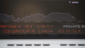 A stock ticker of the developments on the Credit Suisse stock exchange displayed in Zurich, on March 20, 2023. (KEYSTONE / Ennio Leanza / Keystone via AP) 