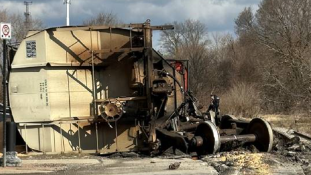 A derailed train can be seen above in Port Colborne, Ont. on March 18 (NRPS)
