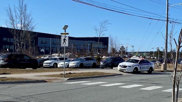 Halifax Regional Police respond to a weapons complaint at Charles P. Allen High School in Bedford, N.S., on Monday, March 20, 2023. (Bruce Frisko/CTV Atlantic)