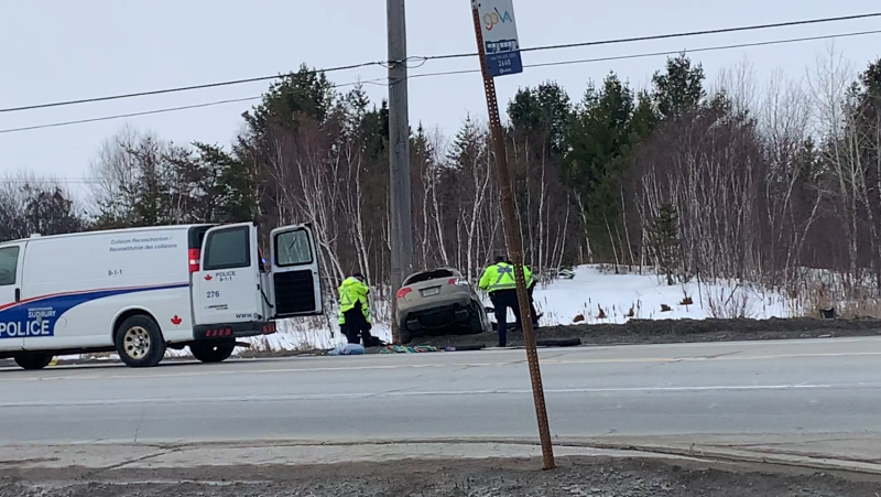 Sudbury police officers investigate MR80 crash. March 20/23 (Chelsea Papineau/CTV Northern Ontario)