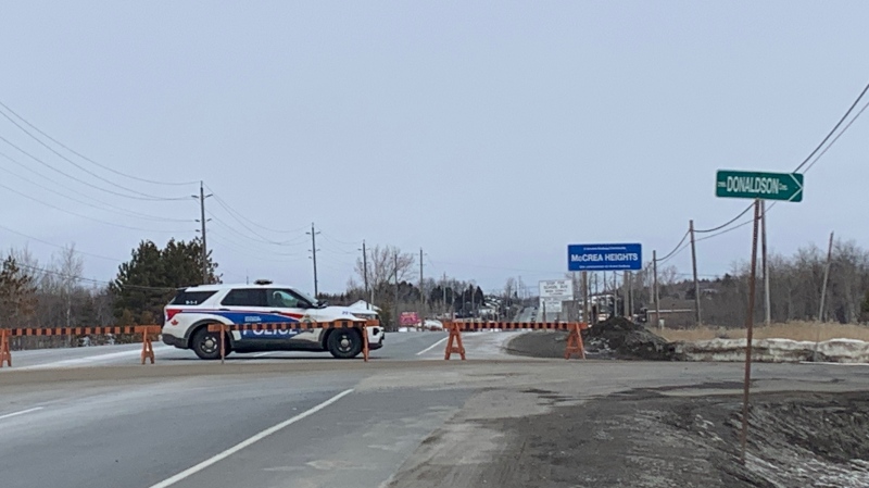 Sudbury police have closed MR80 in both directions after a single-vehicle crash Monday morning. March 20/23 (Chelsea Papineau/CTV Northern Ontario)