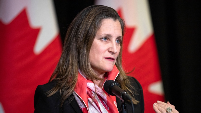 Minister of Finance and Deputy Prime Minister Chrystia Freeland speaks to the media at the Hamilton Convention Centre, in Hamilton, Ont., on Tuesday, January 24, 2023. THE CANADIAN PRESS/Nick Iwanyshyn