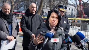 Montreal Mayor Valerie Plante speaks to the media Monday, March 20, 2023 at the scene of last week’s fire that left one person dead and six people missing in Montreal.THE CANADIAN PRESS/Ryan Remiorz