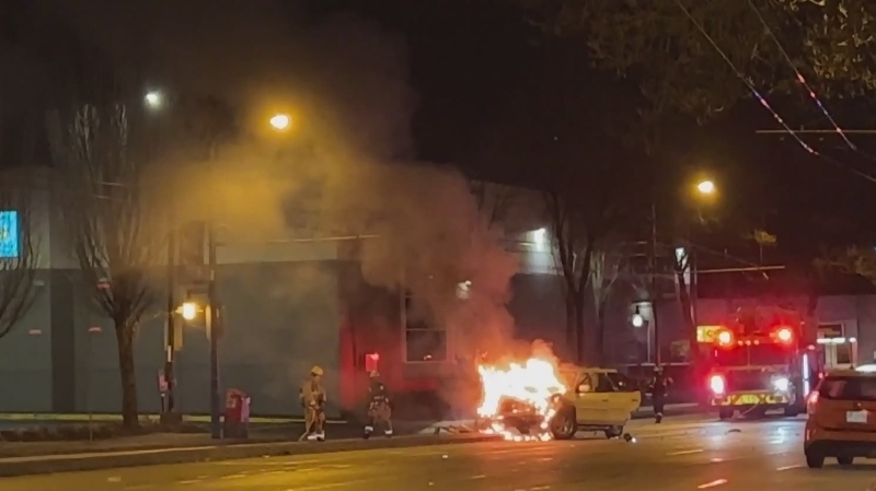 VPD officer in hospital after fiery crash