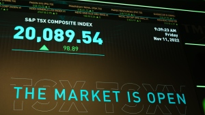 The S&P TSX composite index screen at the TMX Market Centre in downtown Toronto is photographed on Friday, November 11, 2022. THE CANADIAN PRESS/ Tijana Martin 