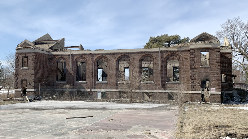 A photo taken on March 20, 2023, showing damage done to the recreation building at the former London Psychiatric Hospital after a fire broke out on March 18, 2023. (Bryan Bicknell/CTV News London)
