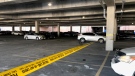 Police tape in the parking lot at Fairview Mall after a deadly shooting on March 20, 2023 (CTV News Toronto/ Beth Macdonell).
