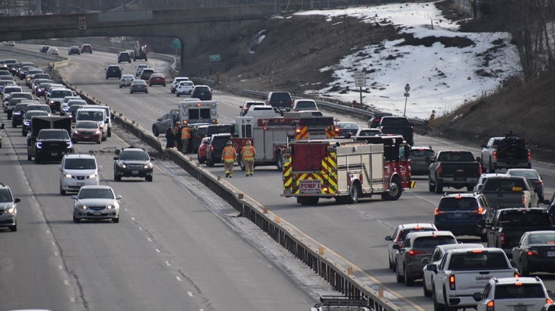 Emergency crews attend a collision on Highway 400 in Barrie, Ont., on Mon., March 20, 2023. (Courtesy: Michael Chorney/At The Scene Photography)