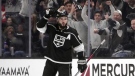Los Angeles Kings defenseman Drew Doughty celebrates after scoring against the Calgary Flames during the first period on March 20 in Los Angeles. (AP Photo/Marcio Jose Sanchez)